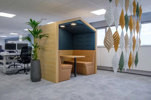 Spacestor Railway Carriage Wooden Framed Acoustic Meeting Pod with Large Pot with Plants and Acoustic Hanging Screen