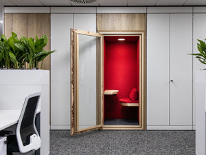 Spacestor Residence Work Wooden Box Acoustic Phone Booth and Workstation with Red Interiors