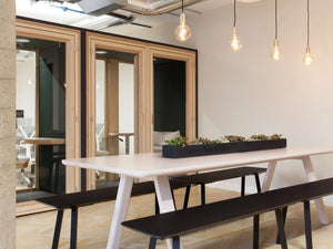 Spacestor Residence Work Wooden Box Acoustic Phone Booth and Workstation with White Rectangular Table and Black Bench