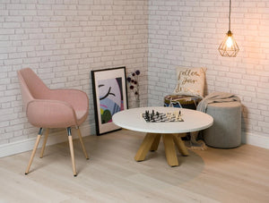 Spacestor Zee Breakout Table 10 In Round Coffee Table Variant With Pink Armchair And Grey Pouf