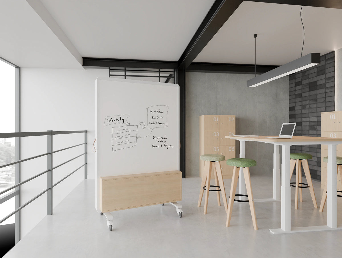 Spry Mobile Wall with Whiteboard and Storage in White Frame with Alega High Stool in Meeting Area Setting








