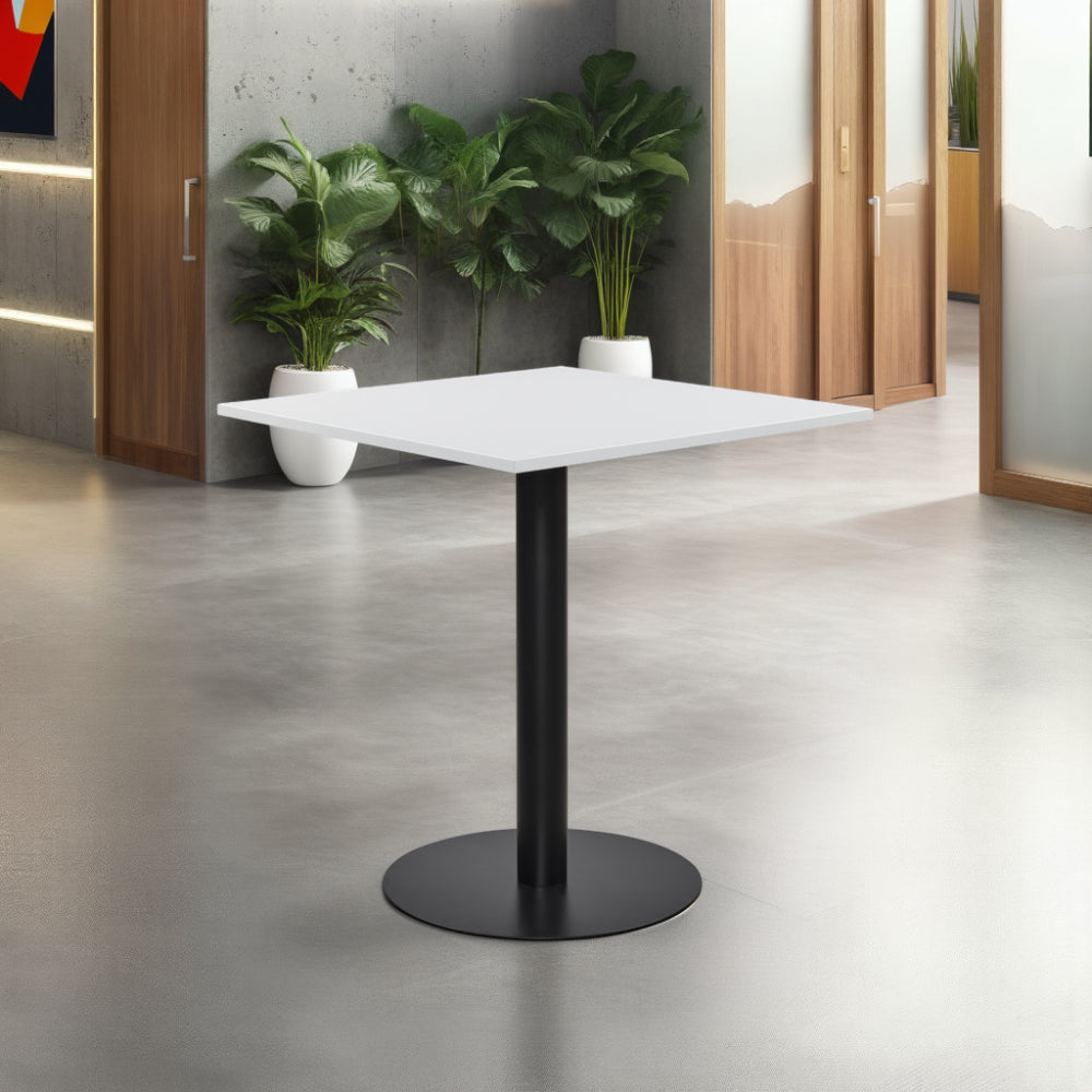 Square Top Poseur Table with White Finish Indoor Plant in Modern Office Setting.
