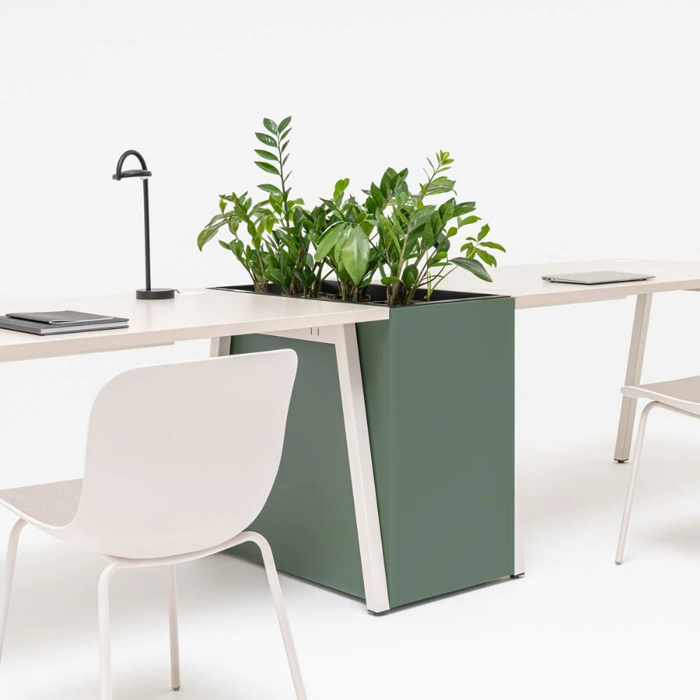Standard Freestanding Planters in Green Finish with White Chair and Wooden Table