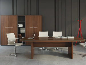 Status Executive Boardroom Table With Storage Cupboard In Lowland Nut Finish And White Chairs