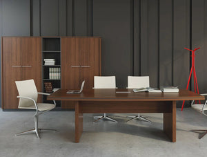 Status Executive Boardroom Table with Storage Cupboard in Lowland Nut Finish and White Chairs