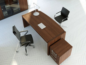 Status Executive Office Bow Front Desk With Pedestal Glass Storage In Lowland Nut Finish And Black Chair