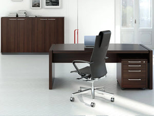 Status Executive Straight Desk With Pedestal Storage Cupboard In Chestnut Finish And Black Ergonomic Chair 
