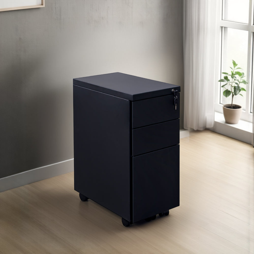 Steel Slimline 3 Drawer Pedestal in Black Finish with Indoor Plant in Breakout Setting