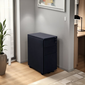 Steel Slimline 3 Drawer Pedestal with Indoor Plant and Table Lamp in Modern Office Setting