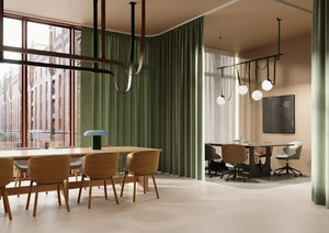 Sund L Wooden Meeting Room Table with Mobile Chairs and Acoustic Ceiling Light in Modern Office Setting
