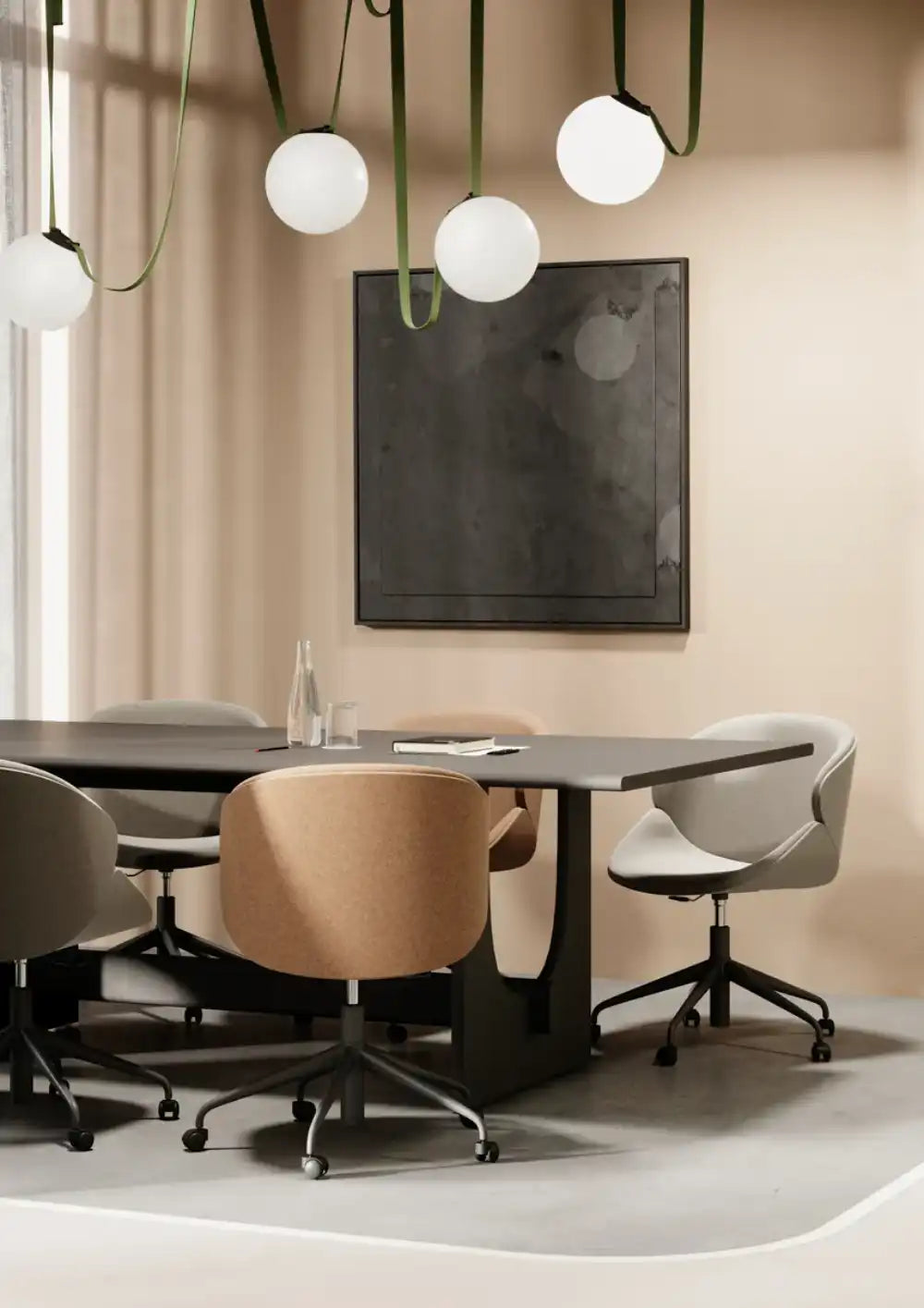 Sund M Wooden Meeting Room Table with Mobile Chair and Acoustic Ceiling Light in Modern Office Setting