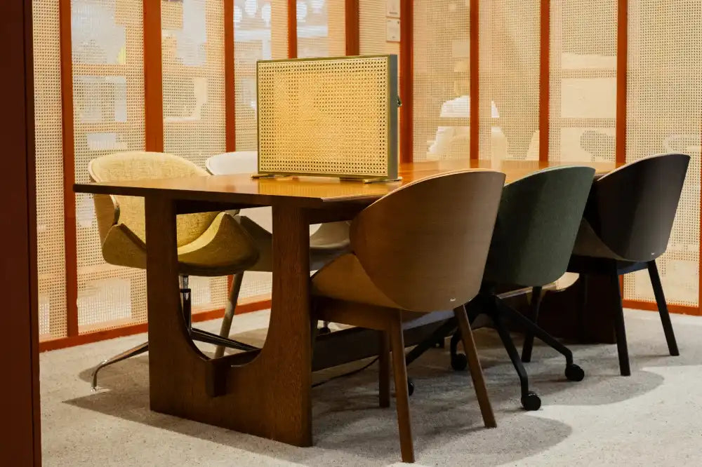 Sund M Wooden Meeting Room Table with Wooden Tub Chair and Desk Screen in Modern Office Setting