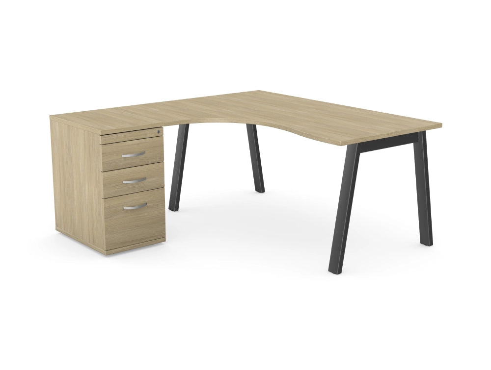 Switch 1 Person Radial Desk And Desk High Pedestal With A Leg In Light Oak And Black Finish