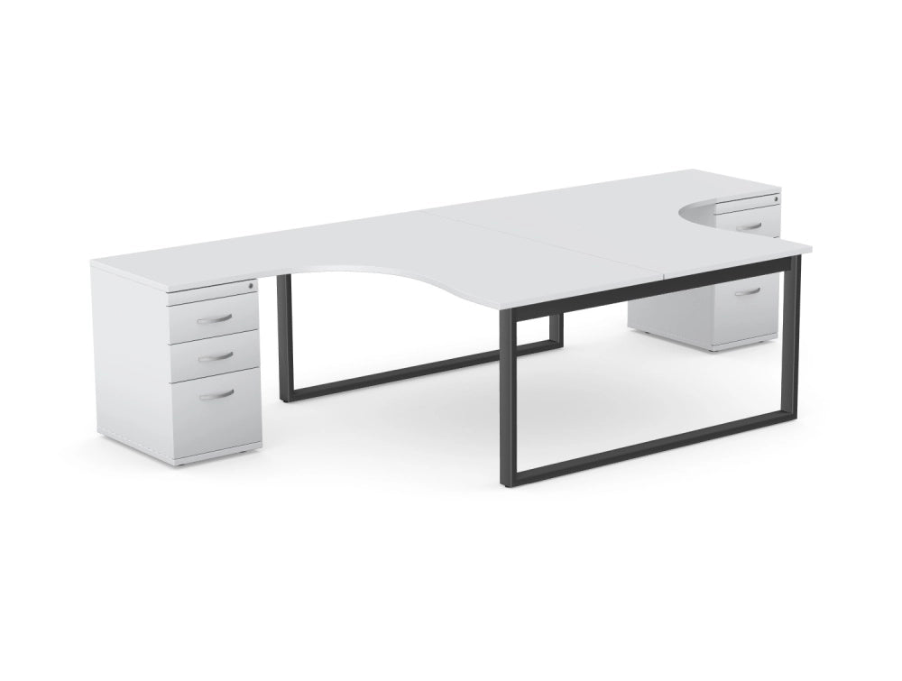 Switch 2 Person Radial Desk And Desk High Pedestal With Closed Leg In White And Black Finish