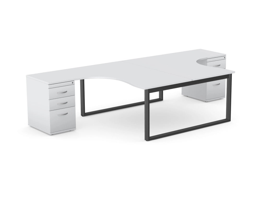 Switch 2 Person Radial Desk and Desk High Pedestal with Closed Leg in White and Black Finish
