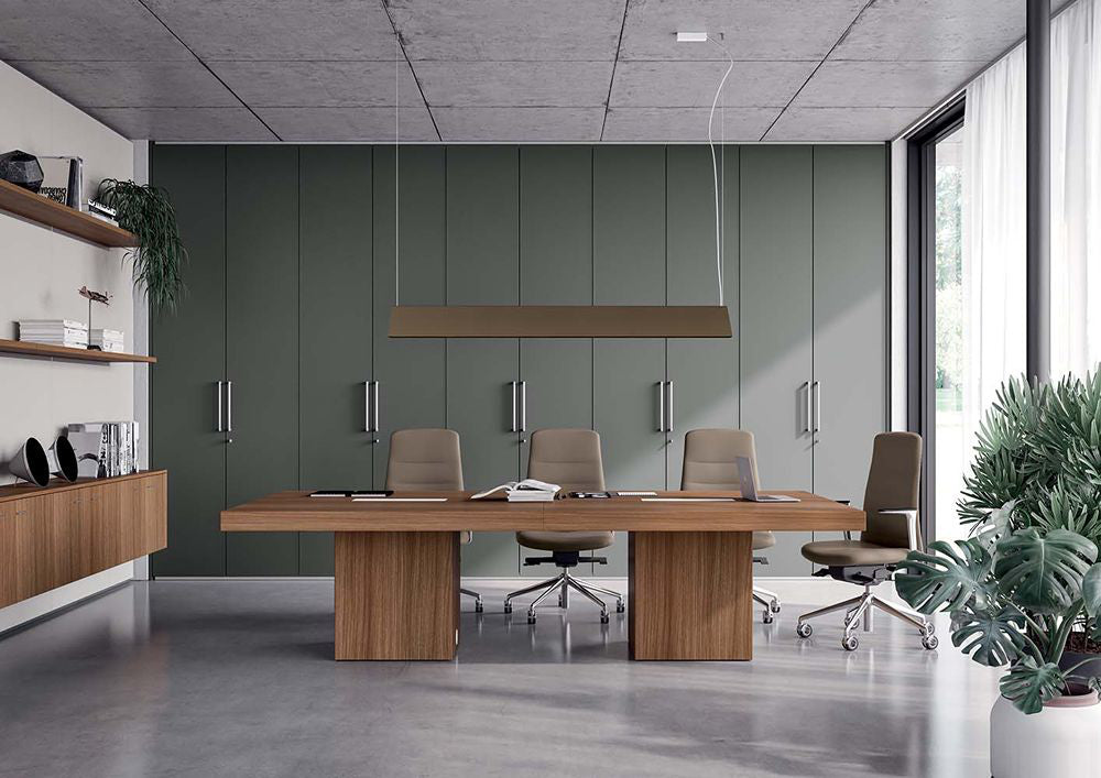 T45 Rectangular Shaped Meeting Room Table with Cube Legs in Walnut Finish Ergonomic Chair in Meeting Room Setting