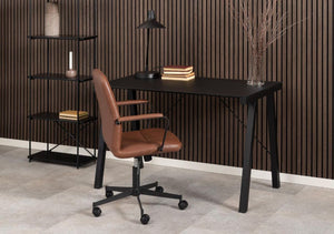 Tapi Home Office Desk in Black Finish with Bookshelves and Table Lamp in Home Office Setting