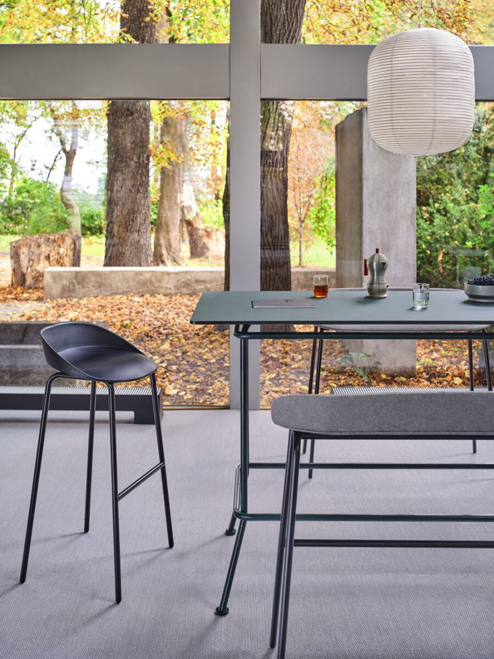 Team Polypropylene High Stool with Hightop Table and Bench in Canteen Setting 2