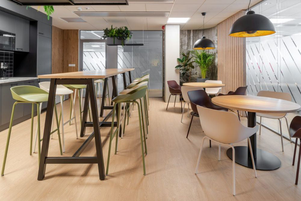 Team Polypropylene High Stool with Tub Chair and Hightop Table in Canteen Setting