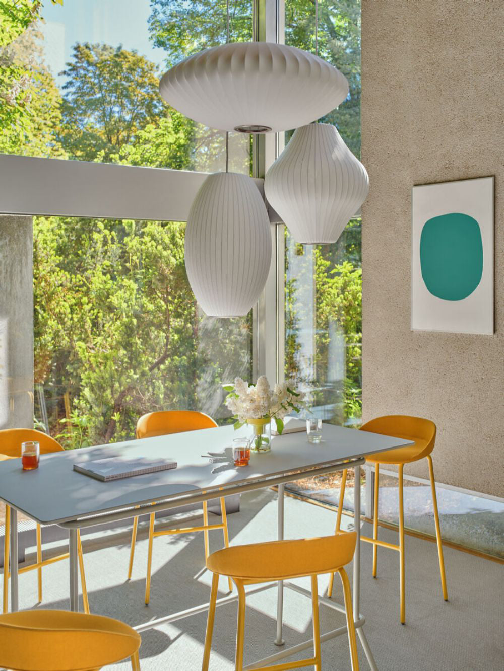 Team Upholstered High Stool with Hightop Table and Acoustic Panel in Breakout Setting