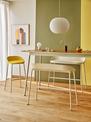 Team Upholstered High Stool with Hightop Table and High Bench in Breakout Setting