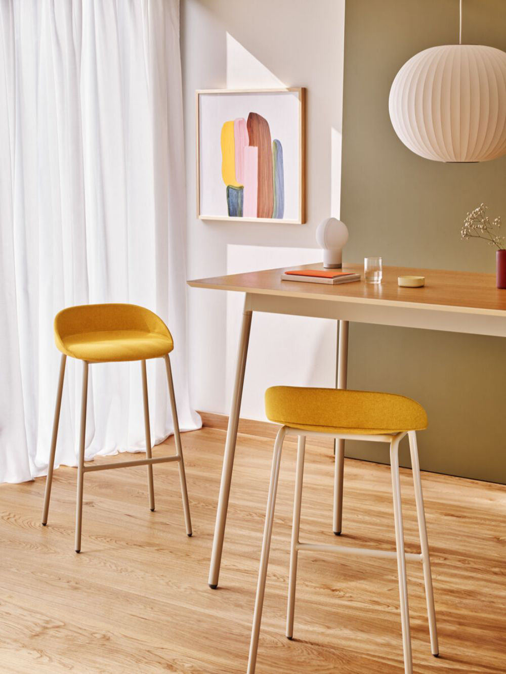 Team Upholstered High Stool with Hightop Table and Wall Art in Breakout Setting 2