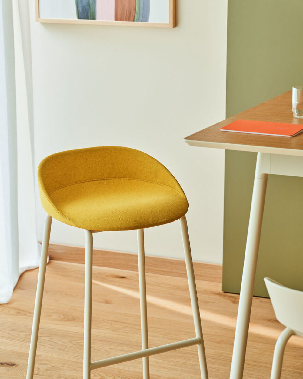 Team Upholstered High Stool with Hightop Table and Wall Art in Breakout Setting