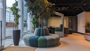 Terry Modular Banquet Seating in Different Finishes with Large Indoor Plant Pot and Roofed Den in Lounge Setting