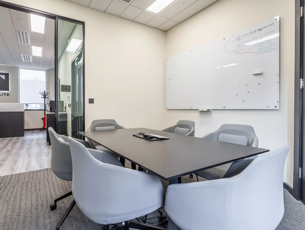 Twinlite Office Black Meeting Room Table With Grey Tub Chairs