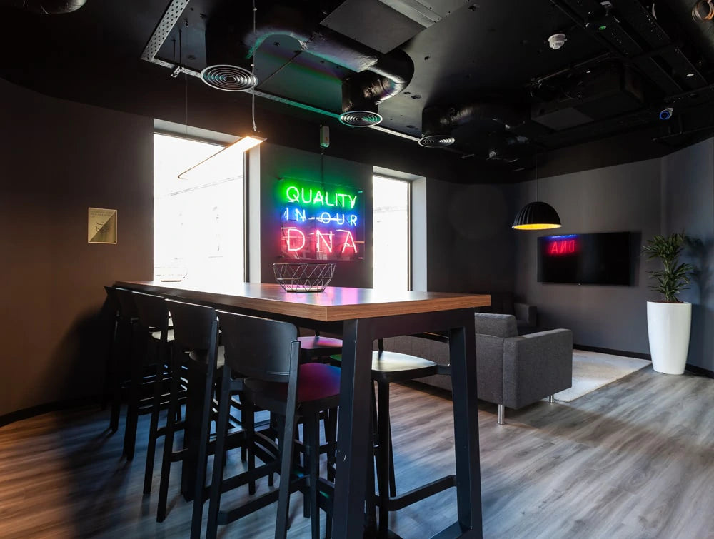 Twinlite Office Canteen High Poseur Wooden Table With Black Stools