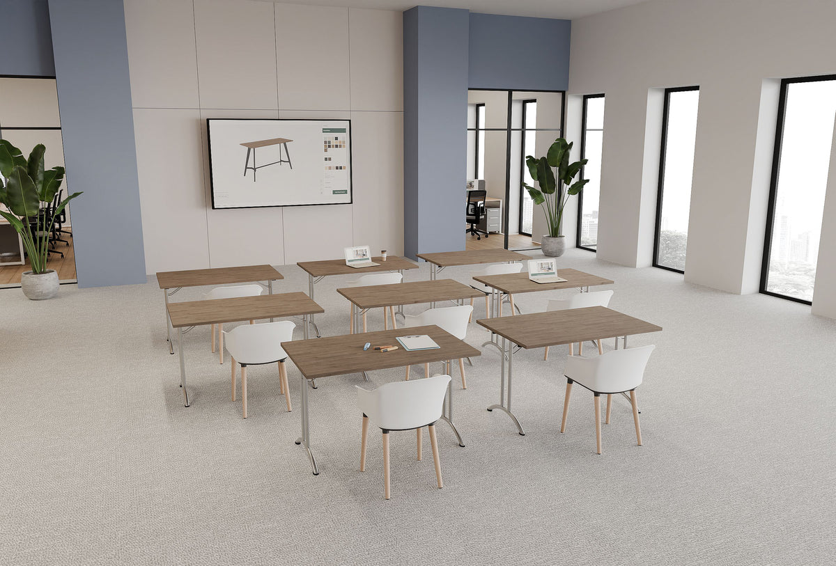 Twister Rectangular Folding Leg Table with Jupiter Wooden Leg Effect Canteen Chair and Indoor Planter in Modern Office Setting