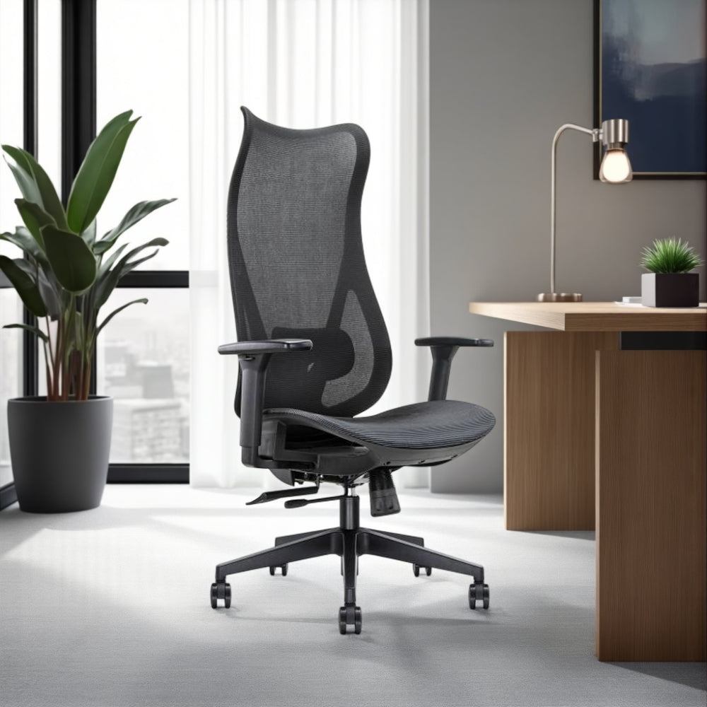 Ultra High Back Task Chair with Adjustable Lumbar Support & Knee Tilt Mechanism with Rectangular Wooden Desk and Indoor Plants in Modern Office Setting