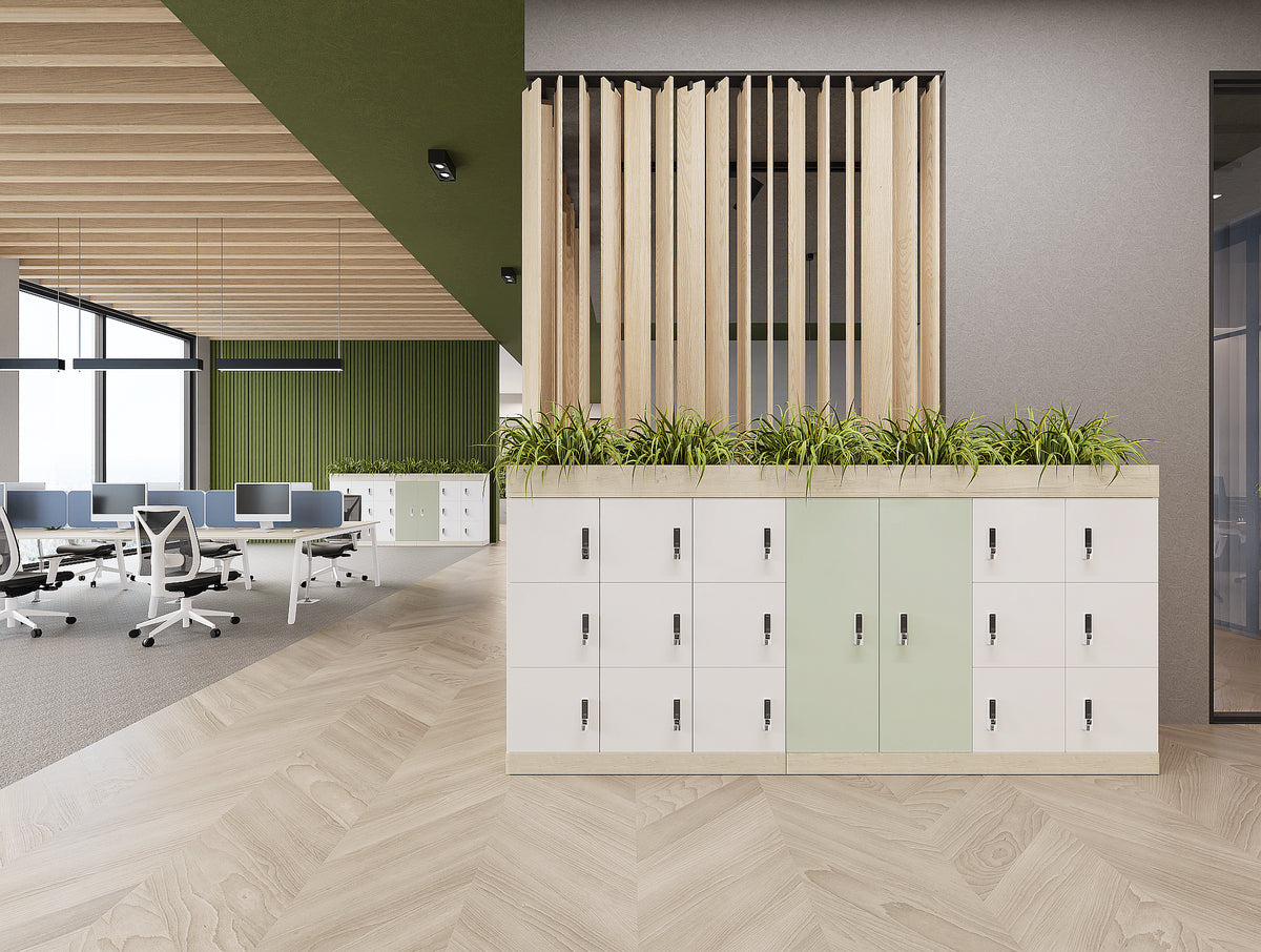 Uno Locker and Planters with Key Bench Desk and Light Desk Screen with Galen Meeting Room Chair in Modern Office Setting