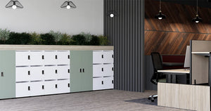 Uno Locker in Two Toned Finish with Black High Back Armchair and White Glass Vase in Executive Office Setting