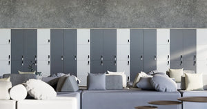 Uno Locker in Two Toned Finish with Grey Round Pillow and Modular Sofa in Beakout Setting