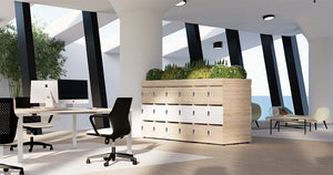 Uno Locker in Two Toned Finish with Wooden Planter Top and Low Coffee Table in Breakout Setting