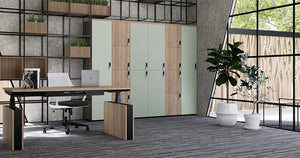 Uno Locker in Two Toned Finish with Wooden Sit Stand Desk and Swivel Armchair in Executive Office Setting