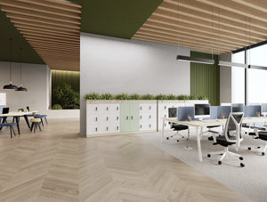 Uno Lockers with Manual RFID Locks and Planters on Top with Key Bench Desk Table in White A Legs and Galen Office Chair with Alega Tables, Benches and Stools in Modern Office Setting