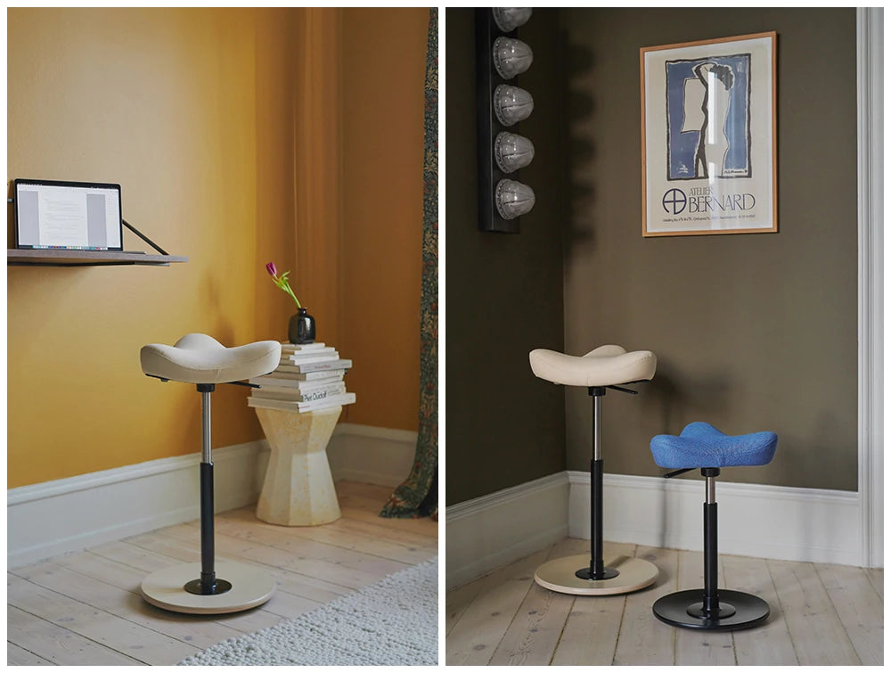 Varier Move Sit Stand Stool 10 In White And Blue Seat Finish In Different Settings