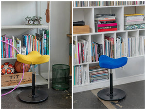 Varier Move Sit Stand Stool 9 In Yellow And Blue Seat Finish With White Bookshelf