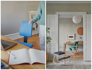 Varier Variable Plus Kneeling Chair 8 In Blue Closer Detail And In Living Room