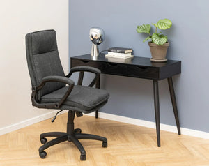 Victoria Home Office Desk Black with Black Legs and Black Drawers 6 with Grey Armchair in Reading Area Setup