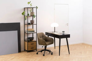 Victoria Home Office Desk Black with Black Legs and Black Drawers 7 with Brown Amrchair and Tiered Storage