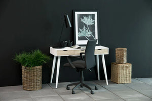 Victoria Home Office Desk White with White Legs and Sonoma Oak Drawers 8 with Black Chair and Native Baskets
