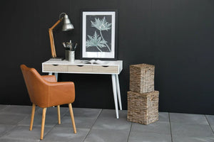 Victoria Home Office Desk White with White Legs and Sonoma Oak Drawers 9 with Brown Leather Armchair and Native Basket