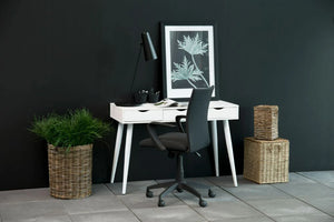 Victoria Home Office Desk White with White Legs and White Drawers 4 with Black Armchair and Native Baskets