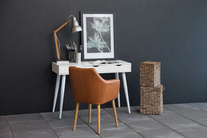 Victoria Home Office Desk White with White Legs and White Drawers 5 with Brown Leather Armchair and Stacks of Basket