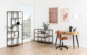 Victoria Home Office Desk Wild Oak with Black Legs and Wild Oak Drawers 8 with Brown Leather Chair and Side Storage
