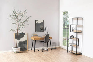 Victoria Home Office Desk Wild Oak with Black Legs and Wild Oak Drawers 9 Grey Chair and Black Wire Basket