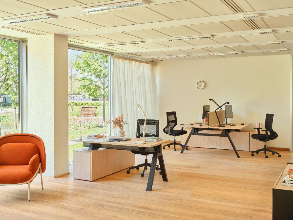 Viga Executive Bench Desk with Storage with Task Chair and Lounge Chair in Modern Office Setting